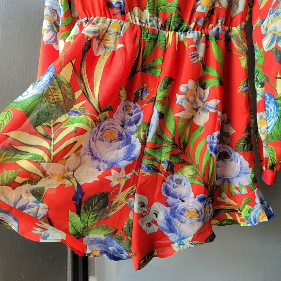 NWT Fashion Nova Orange Floral Small Long Sleeve Elastic Waist V Neck Romper - Picture 12 of 13